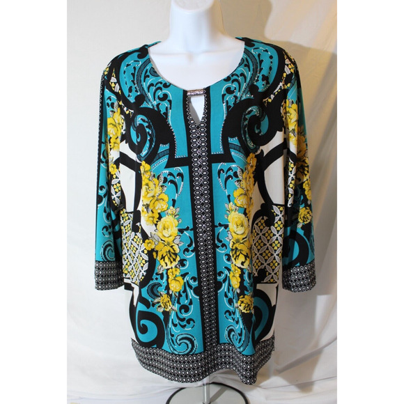 JM Collections Liquid Knit Tunic Top Teal Yellow Floral Rhinestones Women's LP - Picture 1 of 11
